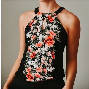 White House and Black Market Black Floral Tank Top